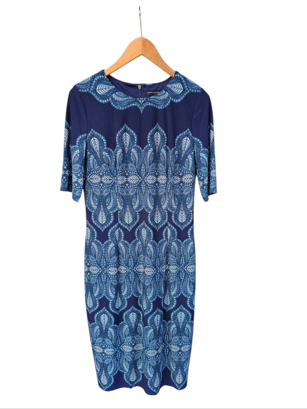 White House Black Market Navy & Light Blue Printed Sheath Midi Dress Size 8 NWOT